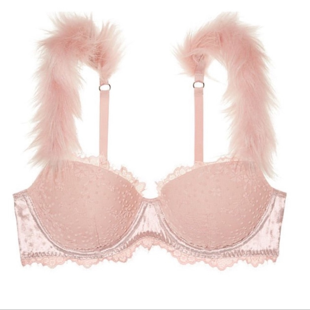 VS Pink furry strap lightly lined pink bra
